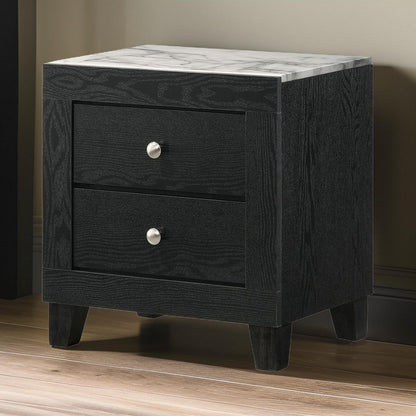 Yoh 23 Inch 2 Drawer Nightstand, White Marble Top, Metal Knobs, Black