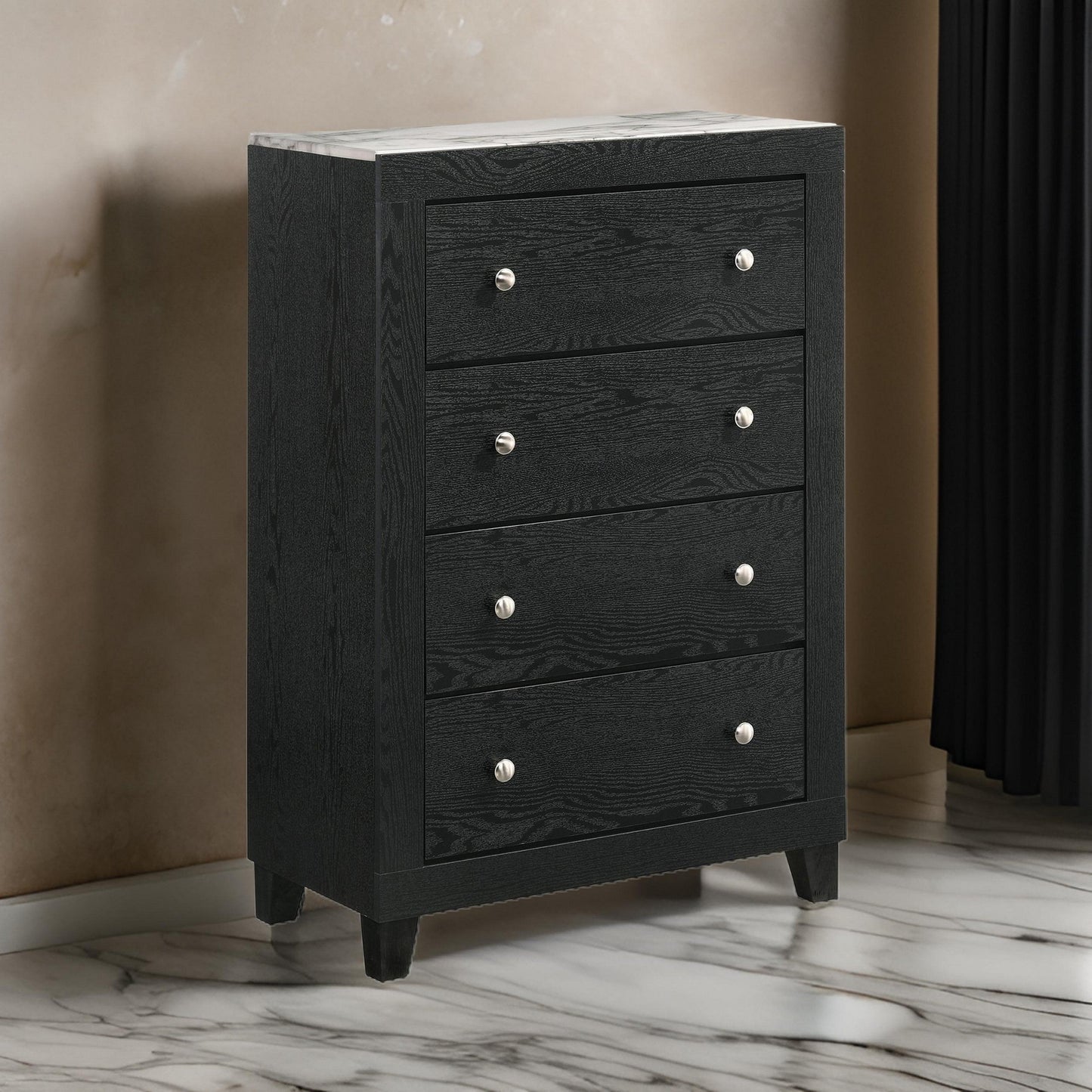 Yoh 47 Inch Tall 4 Drawer Dresser Chest with Marble Top, Metal Knobs, Black