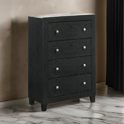 Yoh 47 Inch Tall 4 Drawer Dresser Chest with Marble Top, Metal Knobs, Black