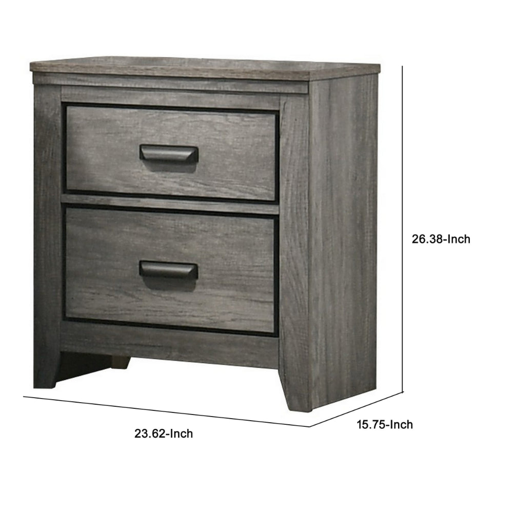 Lei 26 Inch 2 Drawer Nightstand, Sleek Metal Handles, Modern Gray Finish