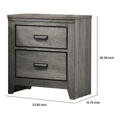 Lei 26 Inch 2 Drawer Nightstand, Sleek Metal Handles, Modern Gray Finish