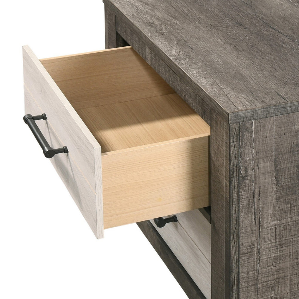 Yaz 25 Inch Modern 2 Drawer Nightstand, Bar Metal Handles, White and Gray