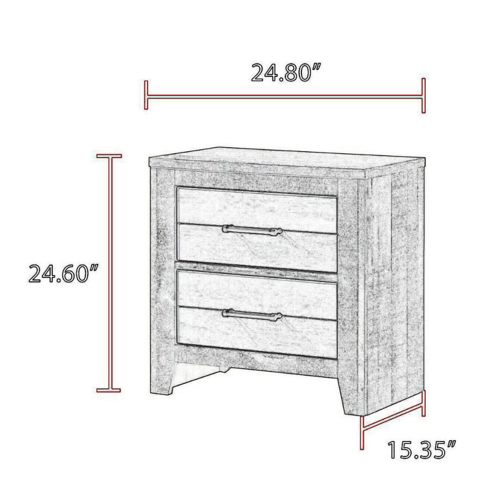 Yaz 25 Inch Modern 2 Drawer Nightstand, Bar Metal Handles, White and Gray