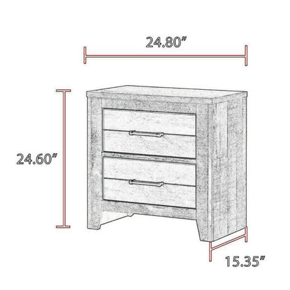 Yaz 25 Inch Modern 2 Drawer Nightstand, Bar Metal Handles, White and Gray