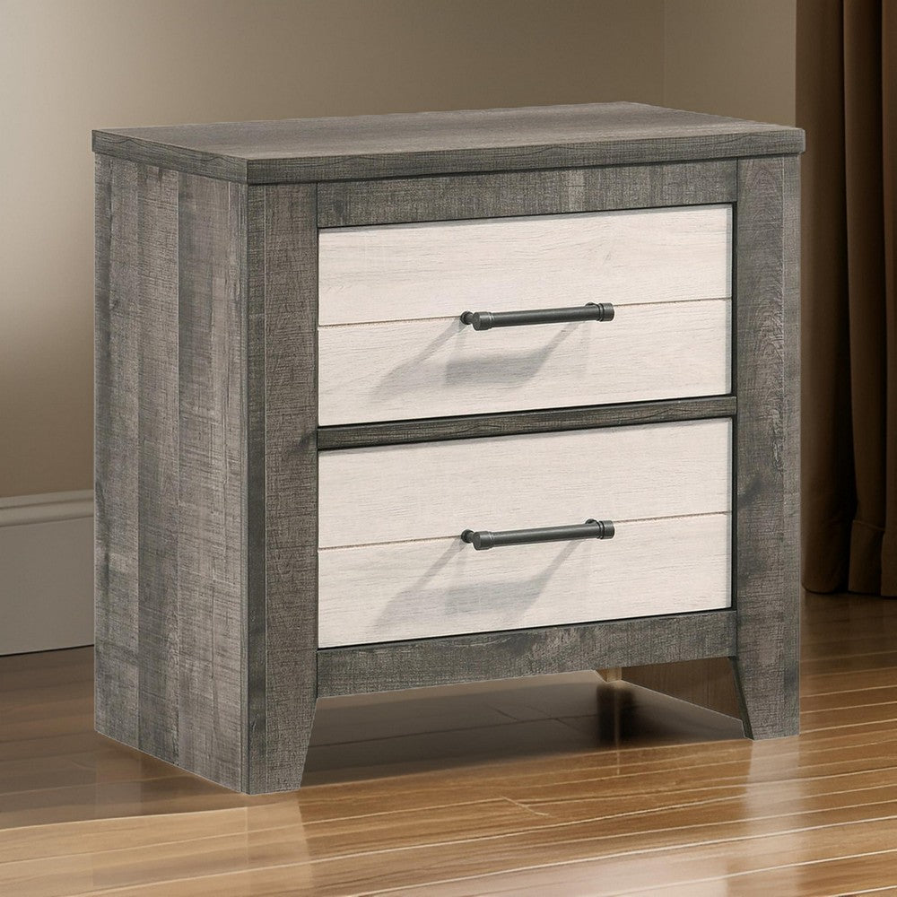 Yaz 25 Inch Modern 2 Drawer Nightstand, Bar Metal Handles, White and Gray