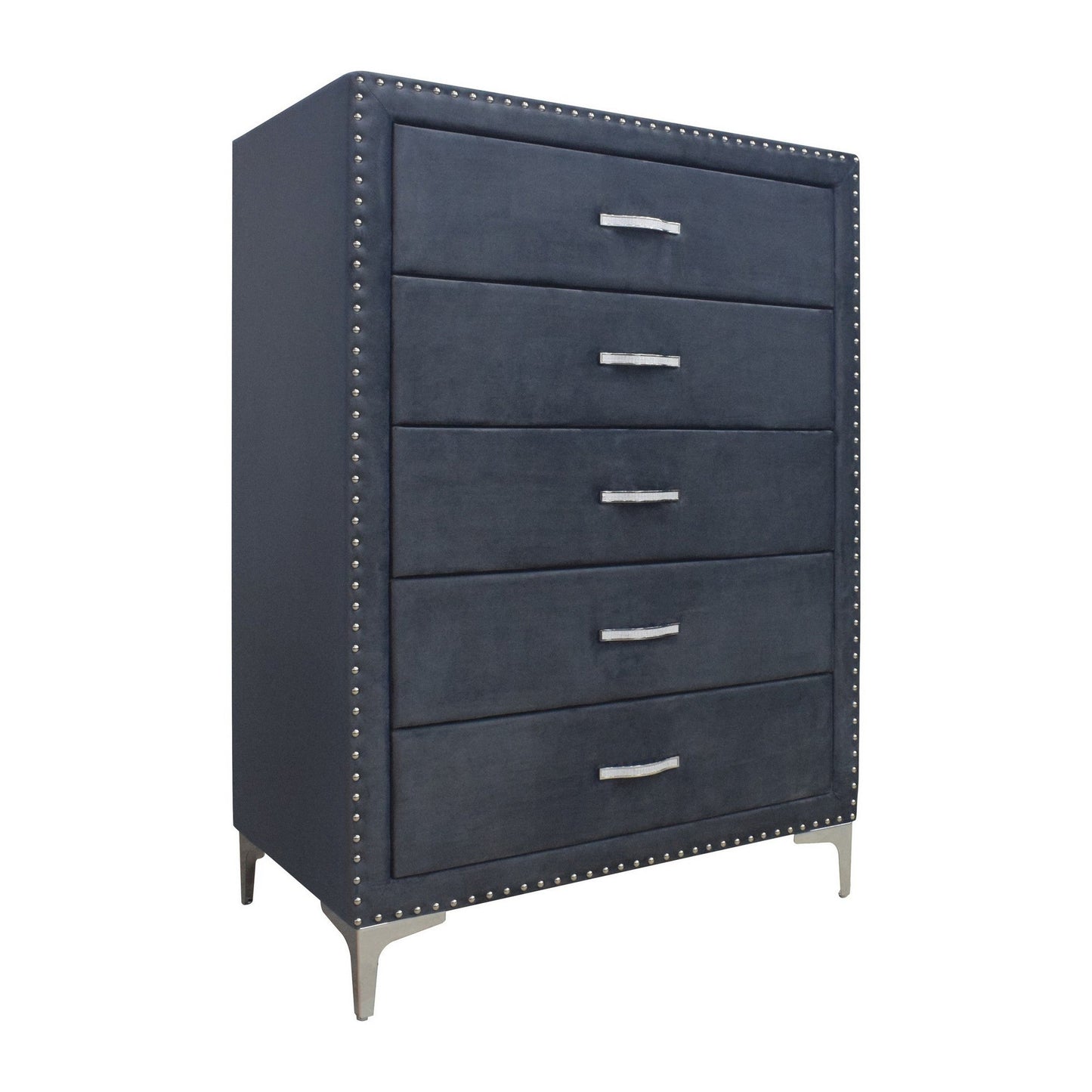 Moha 50 Inch Tall 5 Drawer Dresser Chest, Glass Top Gray Velvet Upholstered