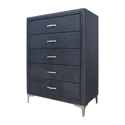Moha 50 Inch Tall 5 Drawer Dresser Chest, Glass Top Gray Velvet Upholstered