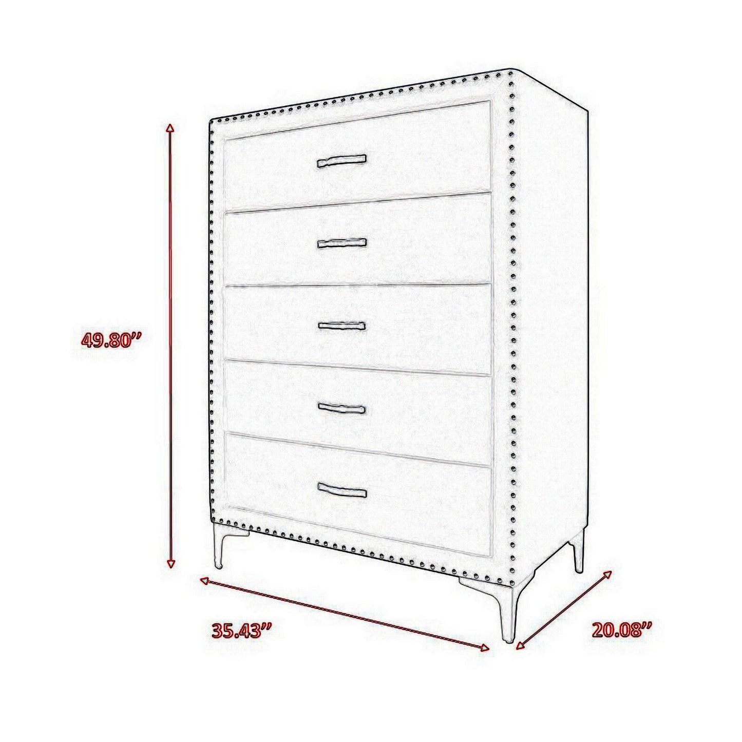 Moha 50 Inch Tall 5 Drawer Dresser Chest, Glass Top Gray Velvet Upholstered