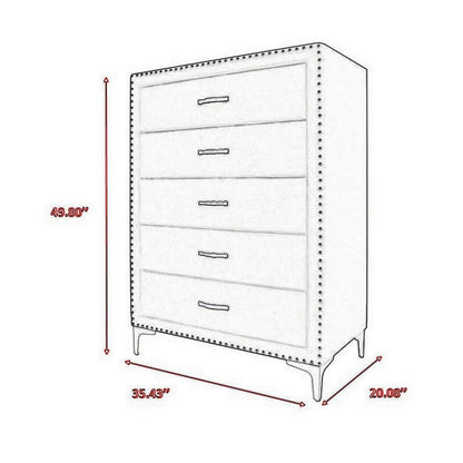Moha 50 Inch Tall 5 Drawer Dresser Chest, Glass Top Gray Velvet Upholstered