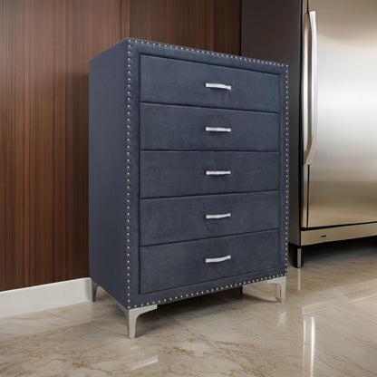 Moha 50 Inch Tall 5 Drawer Dresser Chest, Glass Top Gray Velvet Upholstered