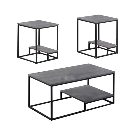 3 Piece Cocktail Set with Coffee Table and 2 End Tables, Wood Shelves, Gray