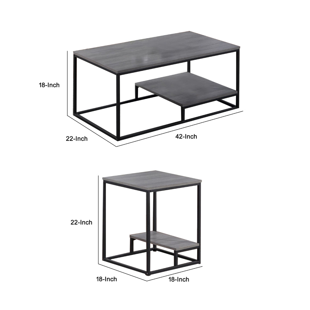 3 Piece Cocktail Set with Coffee Table and 2 End Tables, Wood Shelves, Gray