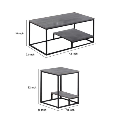3 Piece Cocktail Set with Coffee Table and 2 End Tables, Wood Shelves, Gray