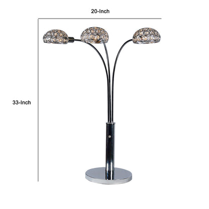 Arya 33 Inch Modern Arcing 3 Light Table Lamp, Round Crystal Accents Chrome
