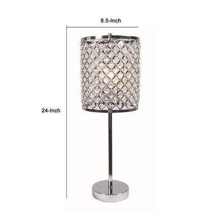 24 Inch Modern Table Lamp, Crystal Shade, Tessellated Metal Accents, Chrome