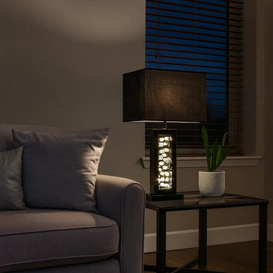 28 Inch Nickel Table Lamp, Black Fabric Shade, Glass Panel and LED Accents