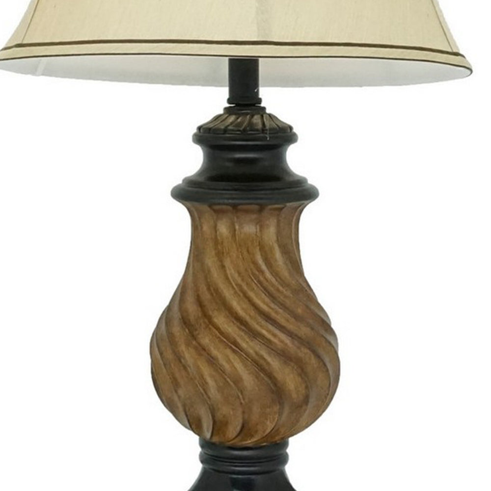 29 Inch Table Lamp, Traditional Round Beige Fabric Shade, Brown Plinth Base