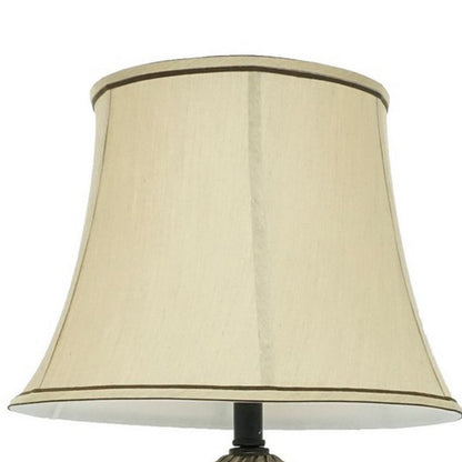 29 Inch Table Lamp, Traditional Round Beige Fabric Shade, Brown Plinth Base