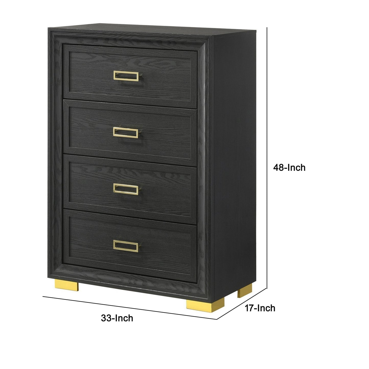 Nio 48 Inch Tall 4 Drawer Dresser Chest, Bracket Legs, Frame Handles, Gray
