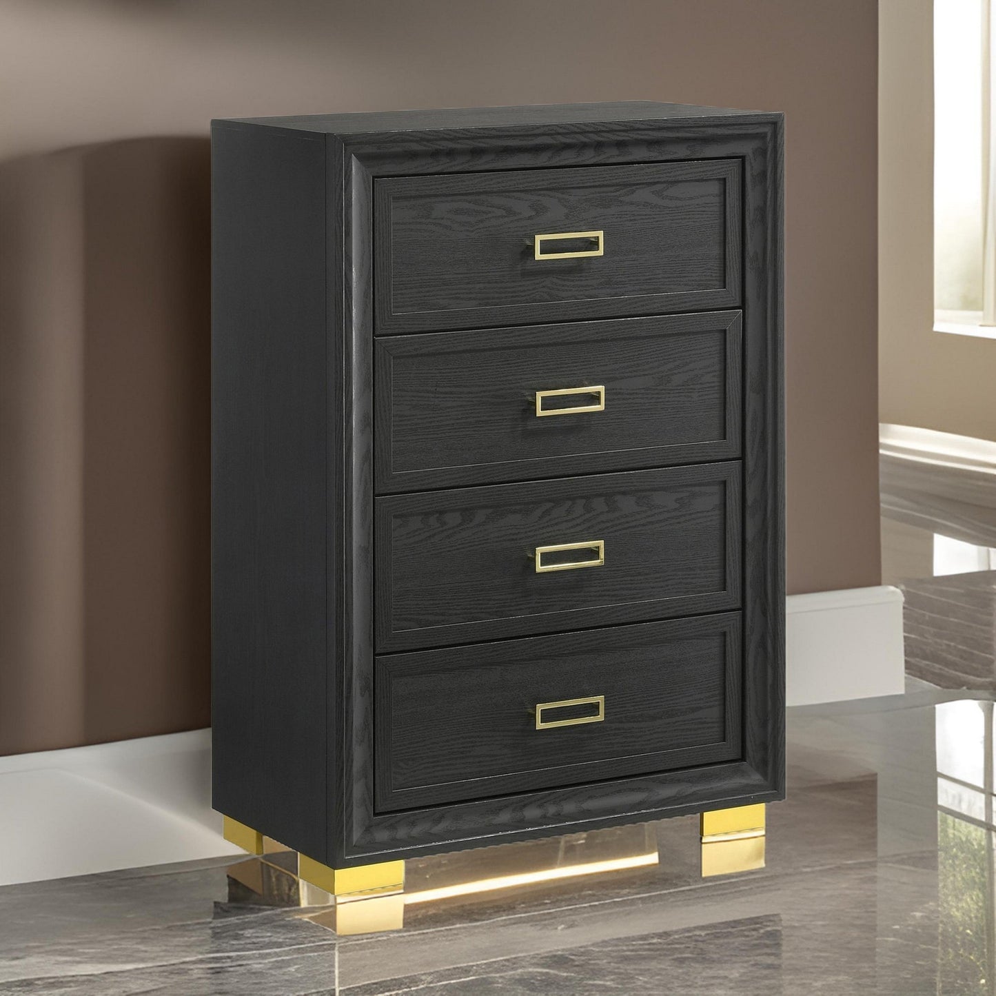 Nio 48 Inch Tall 4 Drawer Dresser Chest, Bracket Legs, Frame Handles, Gray