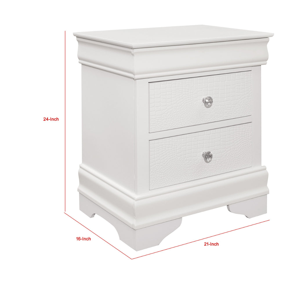 Teich 24 Inch Wood Nightstand, 2 Drawers, Textured Panels, Crisp White