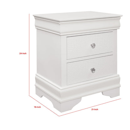 Teich 24 Inch Wood Nightstand, 2 Drawers, Textured Panels, Crisp White
