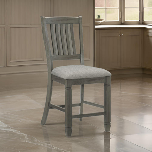 Rome 25 Inch Counter Height Chair, Fabric Seat, Antique Gray Wood, Set of 2