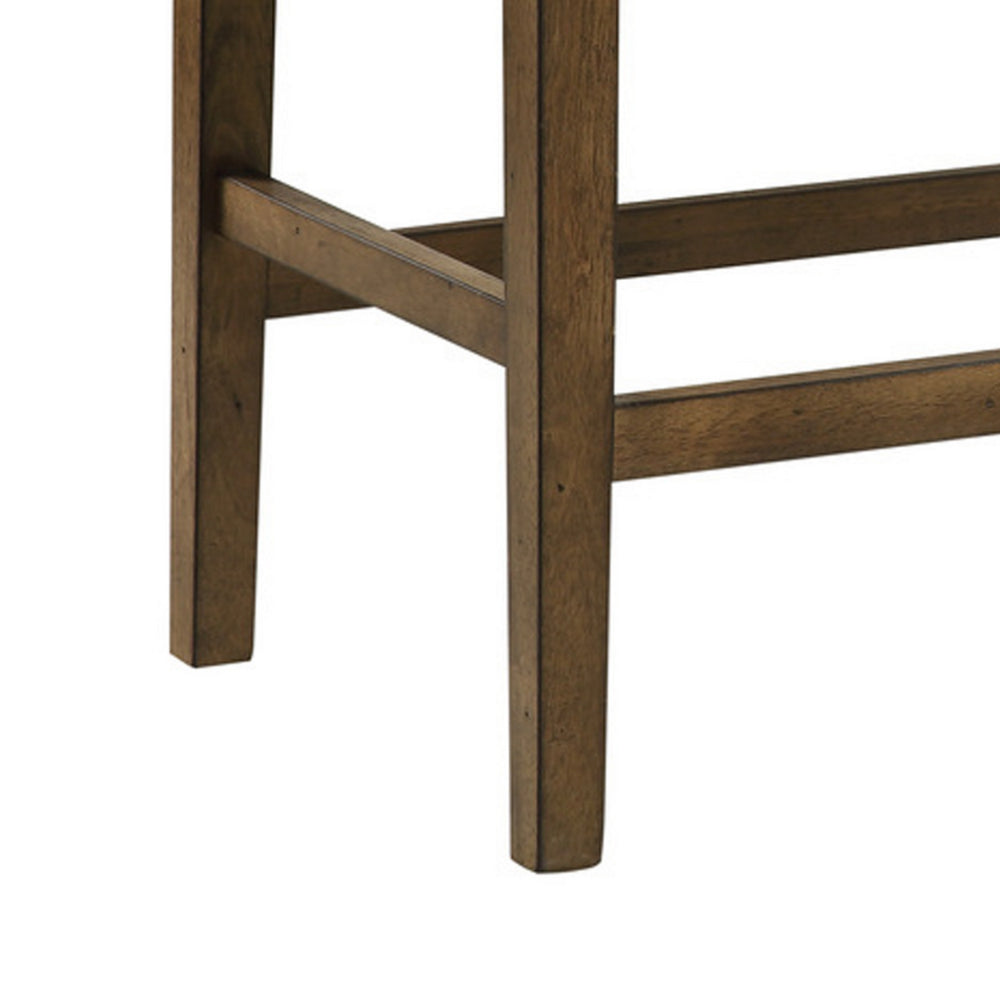 Carl 39 Inch Two Tone Counter Bench, Gray Fabric Seat, Light Oak Wood