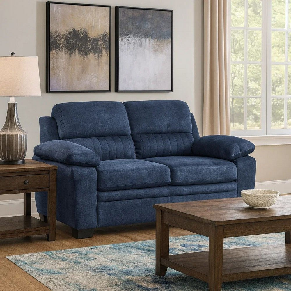 Hugh 58 Inch Loveseat, Blue Fabric, Pillow Armrests, Channel Tufted Back