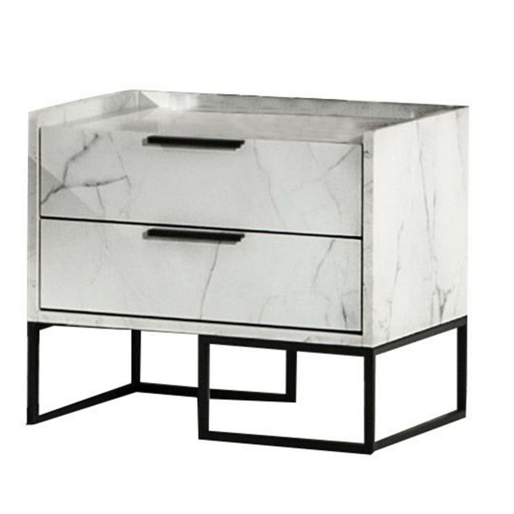 Noe Paul 24 Inch Wood Nightstand, 2 Drawers, Faux White Marble, Metal Legs