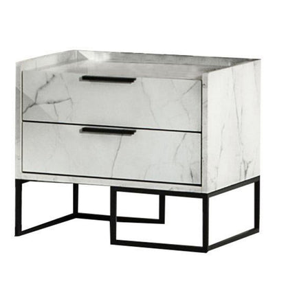 Noe Paul 24 Inch Wood Nightstand, 2 Drawers, Faux White Marble, Metal Legs