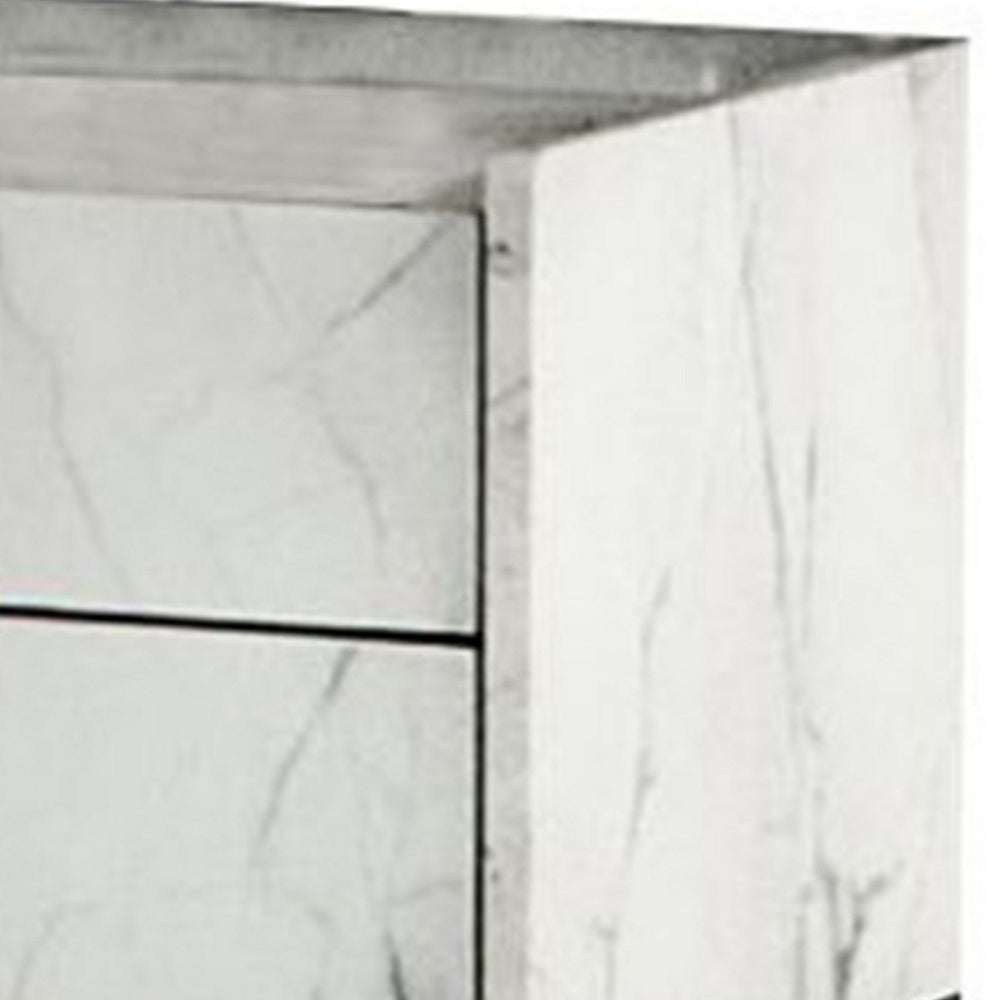 Noe Paul 24 Inch Wood Nightstand, 2 Drawers, Faux White Marble, Metal Legs