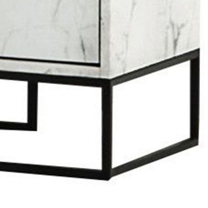 Noe Paul 24 Inch Wood Nightstand, 2 Drawers, Faux White Marble, Metal Legs