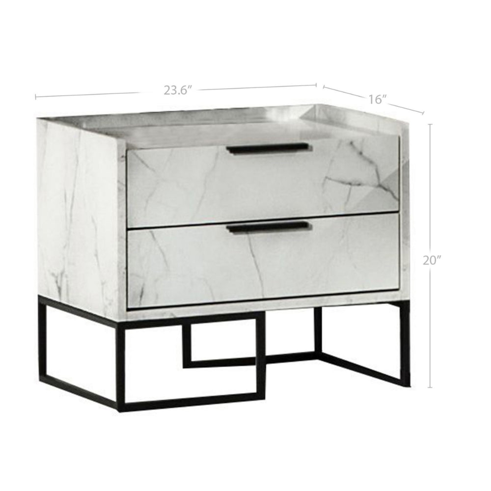 Noe Paul 24 Inch Wood Nightstand, 2 Drawers, Faux White Marble, Metal Legs