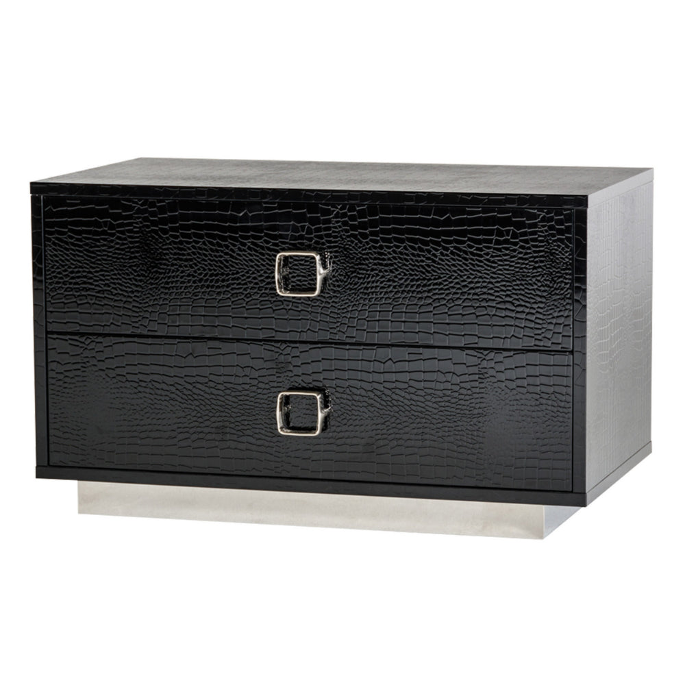 Hart 32 Inch Nightstand, 2 Drawers, Crocodile Skin Texture, Lacquer, Black