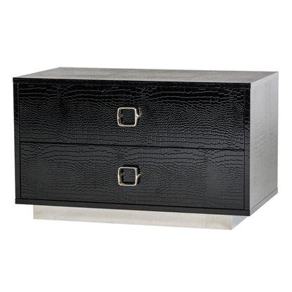 Hart 32 Inch Nightstand, 2 Drawers, Crocodile Skin Texture, Lacquer, Black