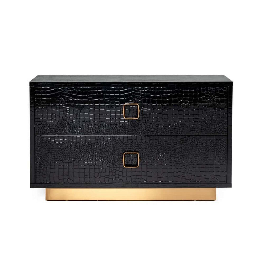 Hart 32 Inch Nightstand, 2 Drawers, Crocodile Skin Texture, Lacquer, Black