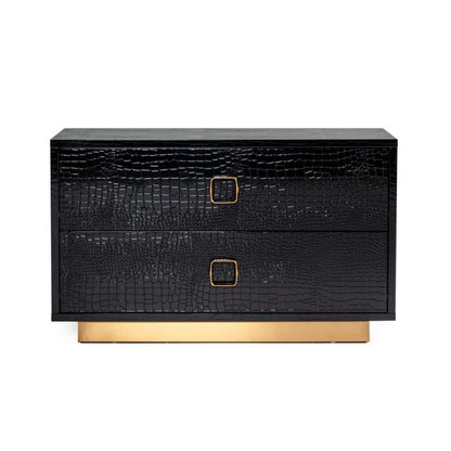 Hart 32 Inch Nightstand, 2 Drawers, Crocodile Skin Texture, Lacquer, Black