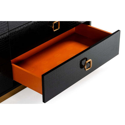 Hart 32 Inch Nightstand, 2 Drawers, Crocodile Skin Texture, Lacquer, Black