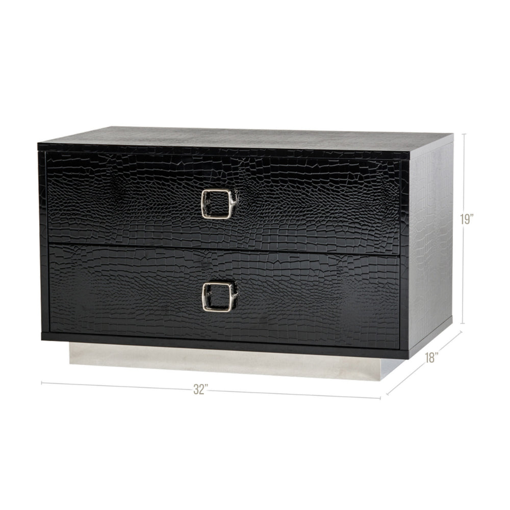 Hart 32 Inch Nightstand, 2 Drawers, Crocodile Skin Texture, Lacquer, Black