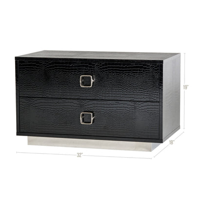 Hart 32 Inch Nightstand, 2 Drawers, Crocodile Skin Texture, Lacquer, Black