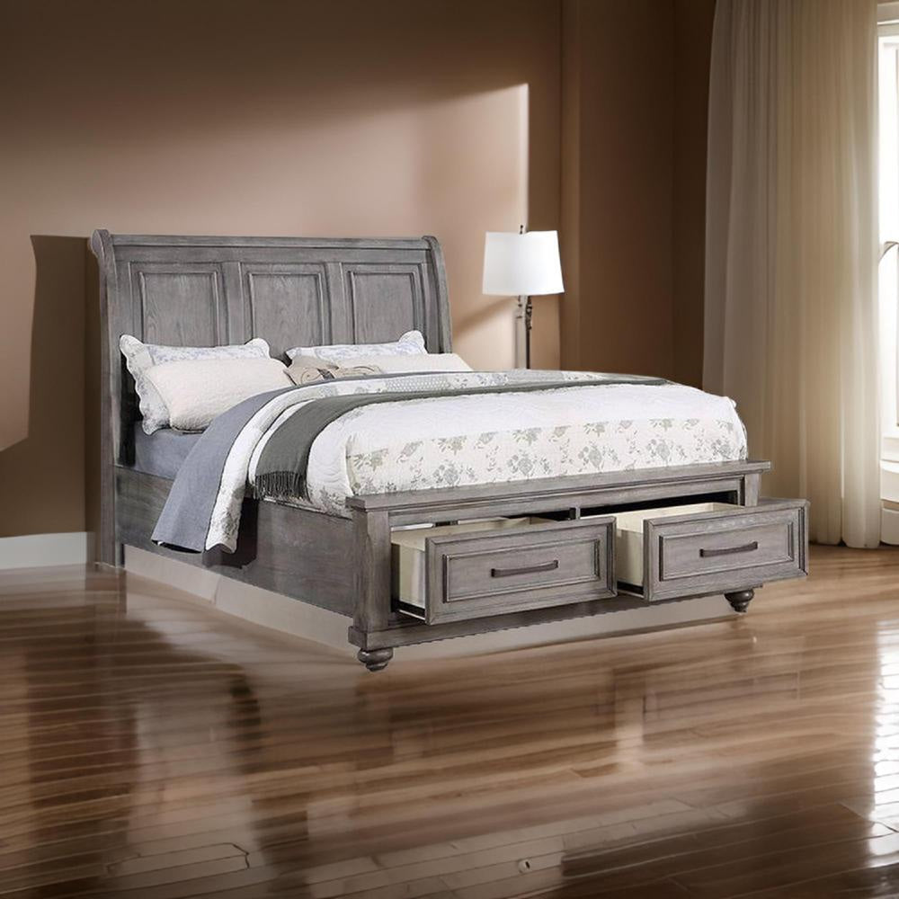 Demi King Size Bed, Sleigh Headboard, 2 Storage Drawers, Oak Gray Wood