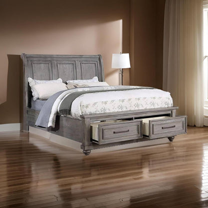 Demi Bed, Sleigh Headboard, 2 Storage Drawers, Oak Gray Wood – King