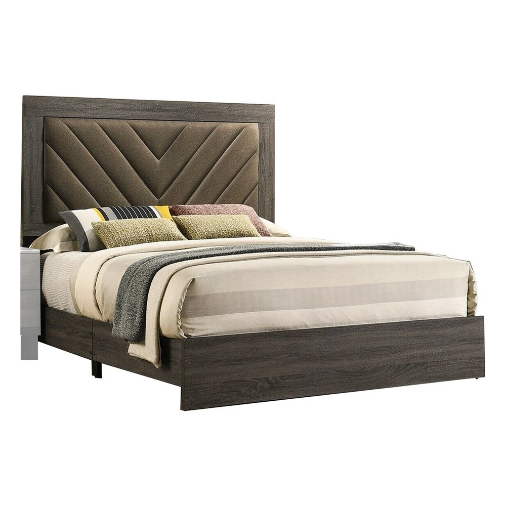 Cato Upholstered California King Bed, Tufted Brown Headboard, Dark Gray