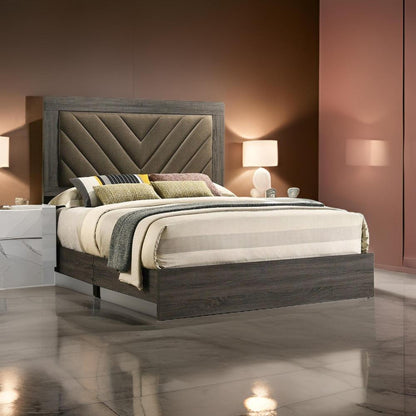 Cato Upholstered California King Bed, Tufted Brown Headboard, Dark Gray