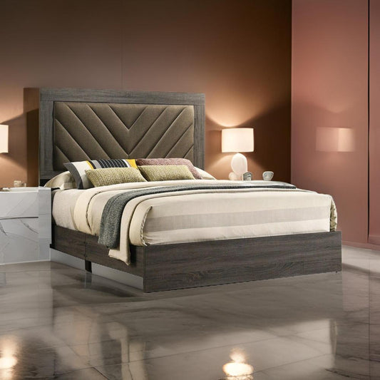 Cato Upholstered California King Bed, Tufted Brown Headboard, Dark Gray