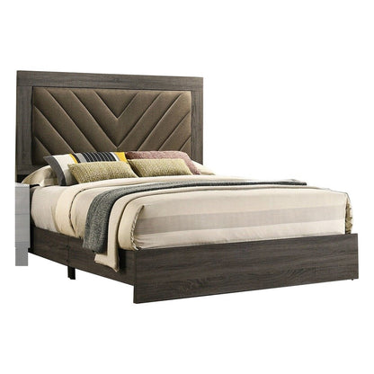 Cato Upholstered Queen Size Bed, Chevron Tufted Brown Headboard, Dark Gray