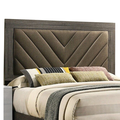 Cato Upholstered Queen Size Bed, Chevron Tufted Brown Headboard, Dark Gray