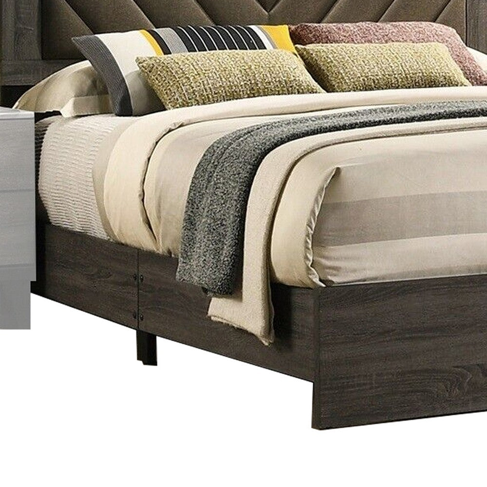 Cato Upholstered Queen Size Bed, Chevron Tufted Brown Headboard, Dark Gray