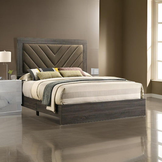 Cato Upholstered Queen Size Bed, Chevron Tufted Brown Headboard, Dark Gray